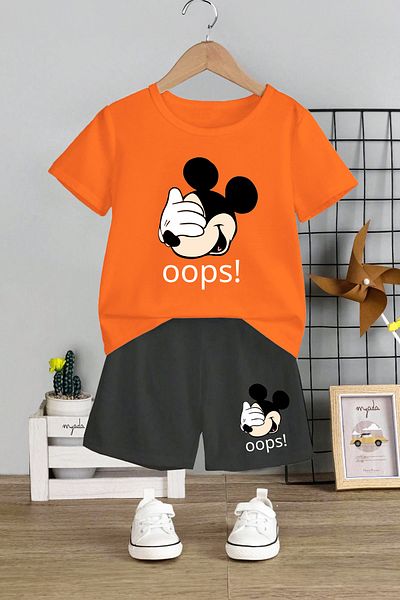 MYADA Oops! Set pentru copii cu imprimeu Miki - Gâtul turn, pantaloni scurți elastici, set text de 2 12449