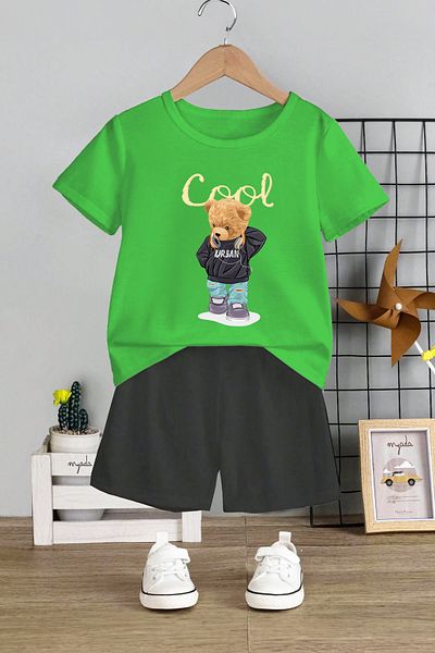MYADA Set de 2 piese pentru copii cu imprimeu Cool Bear - Gât crew și pantaloni scurți elastici 11003