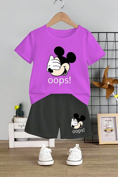 MYADA Oops! Set pentru copii cu imprimeu Miki - Gâtul turn, pantaloni scurți elastici, set text de 2 12449