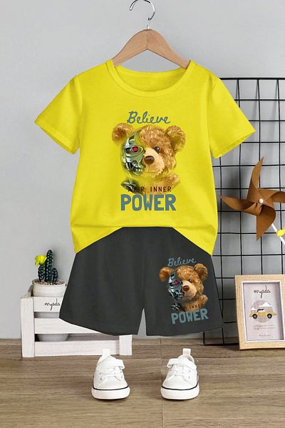 MYADA Believe Power Robot Bear Printed 2-Piece Kids Set - Crew Neck, Elastic Shorts, 12687