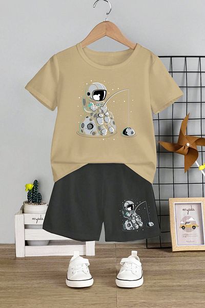 MYADA Set pentru copii cu imprimeu astronaut din 2 piese - Gât crew și pantaloni scurți elastici 12344