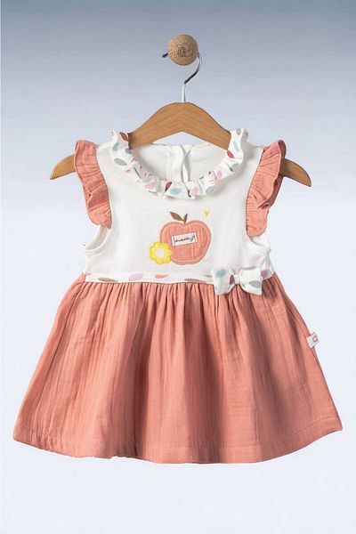dinamik çocuk Apple Embroidered Baby Collar Baby Girl Dress - 100% Cotton, Muslin Bottom, 3-24 Months