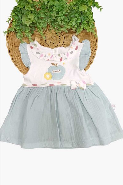dinamik çocuk Apple Embroidered Baby Collar Baby Girl Dress - 100% Cotton, Muslin Bottom, 3-24 Months