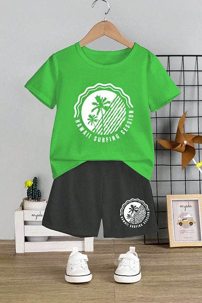 MYADA Hawaii Surfing Printed 2-Piece Kids Set - Crew Neck and Elastic Shorts 11295