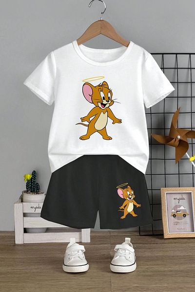 MYADA Jerry Cartoon Printed 2-Piece Kids Set - Crew Neck, Elastic Shorts, 12439