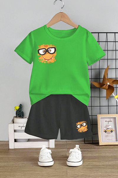 MYADA Crew Neck and Smiling Face Printed Children's Set with Elastic Shorts - 11074