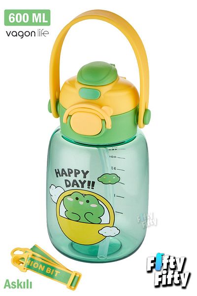 Vagonlife 600 ML Single Lid Water Bottle with Strap and Carrying Handle - with/without Straw FFVGN2028
