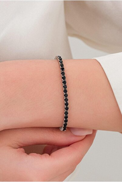 Tmt Silver 3 mm Gümüş Siyah Zirkon Taşlı Rodyumlu Su Yolu Bileklik