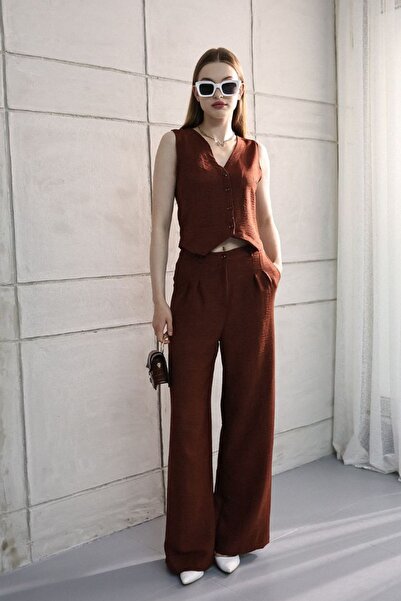 Yeliz طقم بنطلون وسترة من الكتان بالازو مكون من قطعتين - بأزرار وأرجل واسعة