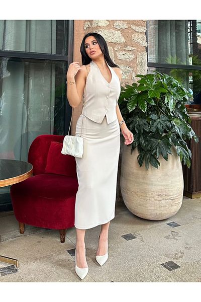 pembekurdelem Stone Color Women's Jacket and Vest Skirt Set