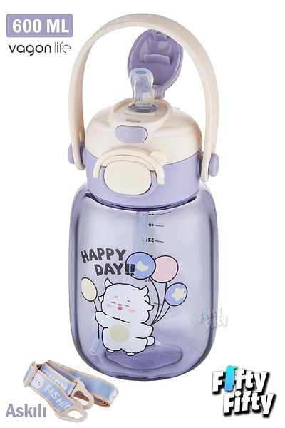 Vagonlife 600 ML Single Lid Water Bottle with Strap and Carrying Handle - with/without Straw FFVGN2028