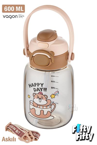 Vagonlife 600 ML Single Lid Water Bottle with Strap and Carrying Handle - with/without Straw FFVGN2028
