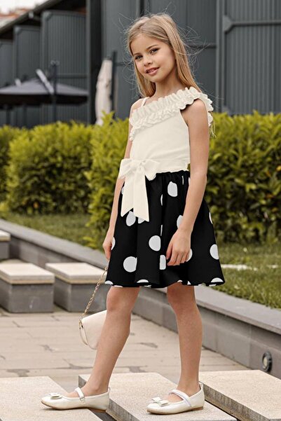 Riccotarz Kız Çocuk Tek Omuz ve Göğsü Fırfır Detaylı Eteği Pauntiyeli Beyaz Elbise