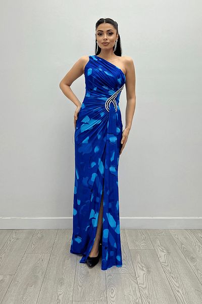 giyimmasalı Saks Blue Draped and Stone Detailed Jersey Fish Dress