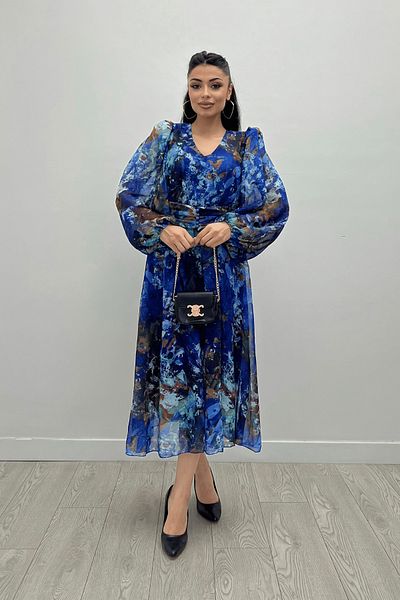 giyimmasalı SAX BLUE Patterned Siphon Midi Dress - Elastic Waist