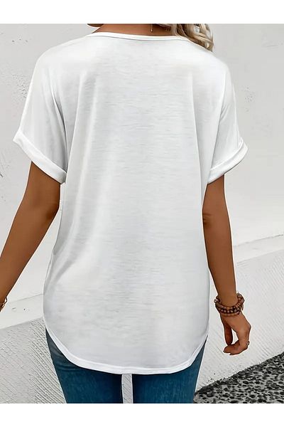 mercoledi Tricou alb cu decolteu în V imprimat casual oversize damă