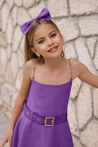 Riccotarz Kız Çocuk Omuzu Zincir Askılı Kemer Detaylı Mor Elbise