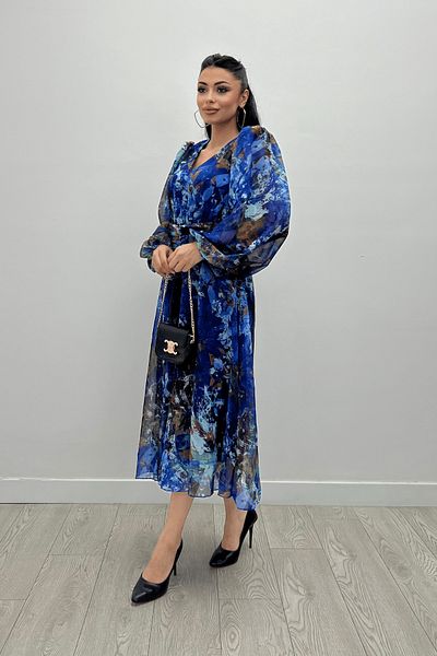giyimmasalı SAX BLUE Patterned Siphon Midi Dress - Elastic Waist