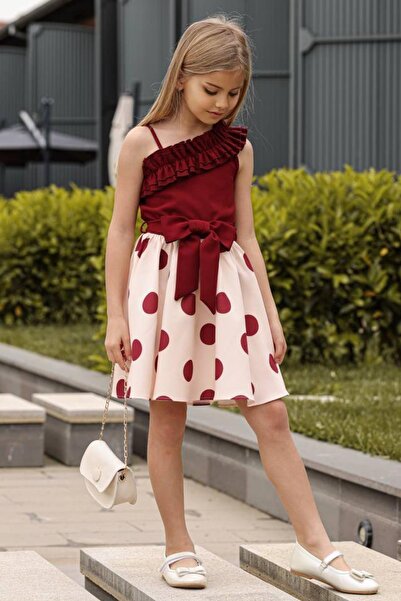 Riccotarz Kız Çocuk Tek Omuz ve Göğsü Fırfır Detaylı Eteği Pauntiyeli Bordo Elbise