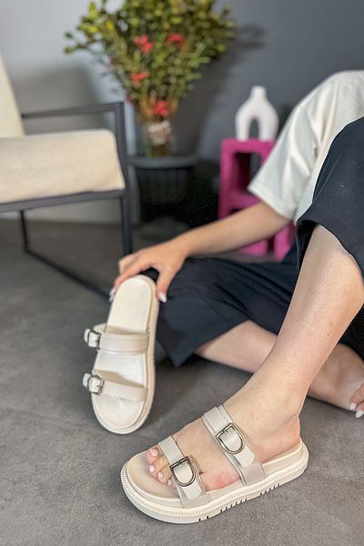 SHOEBELLAS Ryan Beige Women's Slippers - Two Buckle Detail