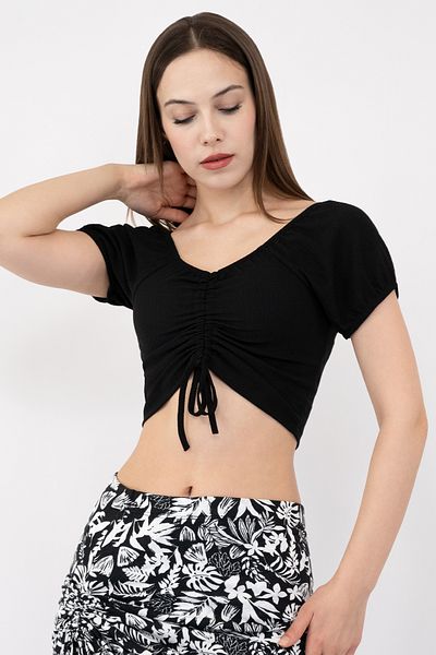 Soyo Black Balloon Sleeve Crop Blouse - Women, Gathered Front