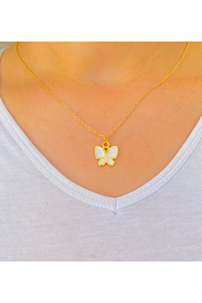 xesha White Butterfly Patterned Gold Colored Women's Chain Necklace - 45 cm
