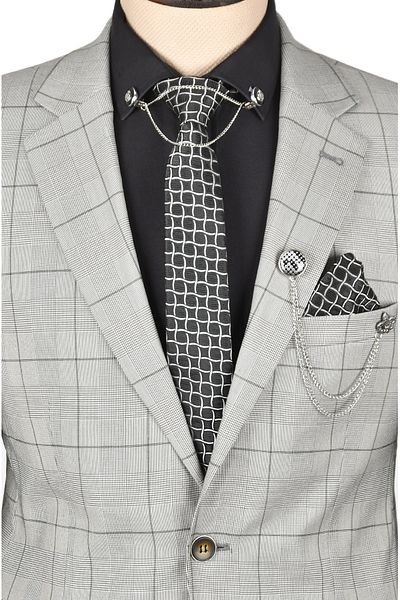 DeepSEA Beige Men's Suit - Double Button, Plaid Pattern, Slit2300370