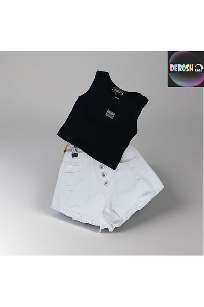 Çikoby White/Black Girl's Denim Shorts - Ripped Detail, Woven