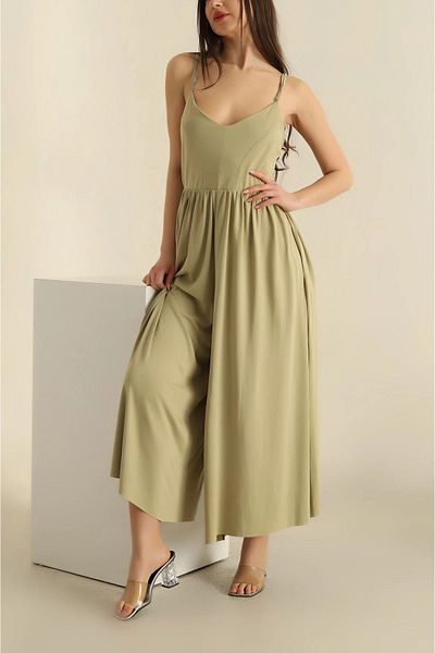 TUĞÇE ÖZER BUTİK Oil Green Wide Leg Single Jersey Jumpsuit - New Season Rope Strap