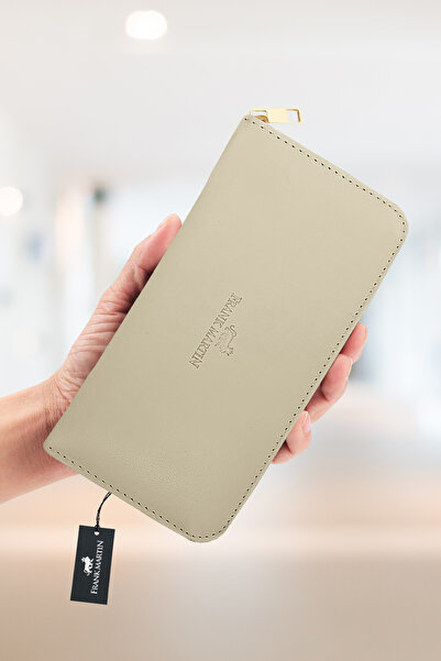 Frank Martin Eva Kutulu Deri Bozuk Kağıt Para Telefon Bölmeli Fermuarlı Portföy Kadın Cüzdan Krem