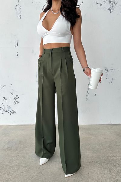 Ortaya Çık Dark Khaki Pleated Fabric Palazzo Trousers