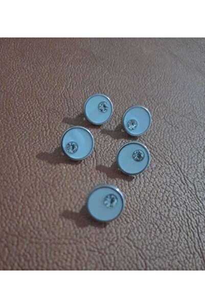 Beyna Silver Coated Metal Button with White Stone Enamel - 1 CM, 1 Pack, 5 Pieces