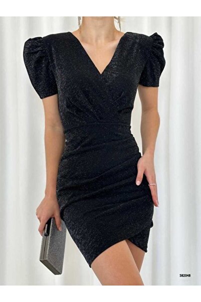 Secret Passion Lingerie Yeni Sezon Simli Krep Kumaş Kısa Kol Kruvaze Yaka Min...