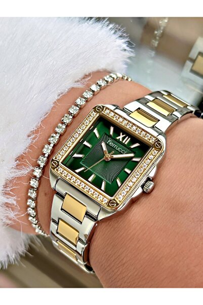 Ferrucci ساعة يد نسائية موديل مربع من الفضة والذهب بتفاصيل حجرية - هدية سوار