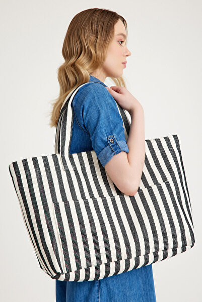 Hedwig Design Geantă de plajă premium pentru femei cu dungi colorate - Geantă de umăr (4 buzunare)