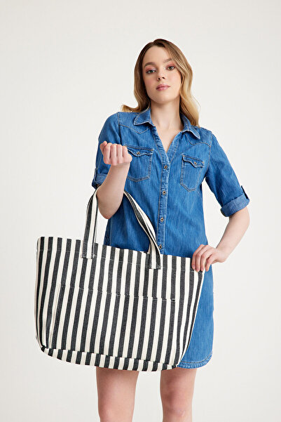 Hedwig Design Geantă de plajă premium pentru femei cu dungi colorate - Geantă de umăr (4 buzunare)