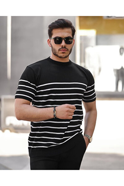 ROBERTO BORNOVA Μπλουζάκι με ριγέ μαύρο πλεκτό μπλουζάκι με λαιμόκοψη