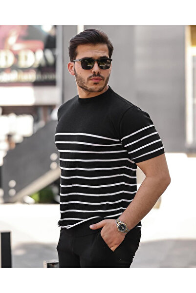 ROBERTO BORNOVA Μπλουζάκι με ριγέ μαύρο πλεκτό μπλουζάκι με λαιμόκοψη