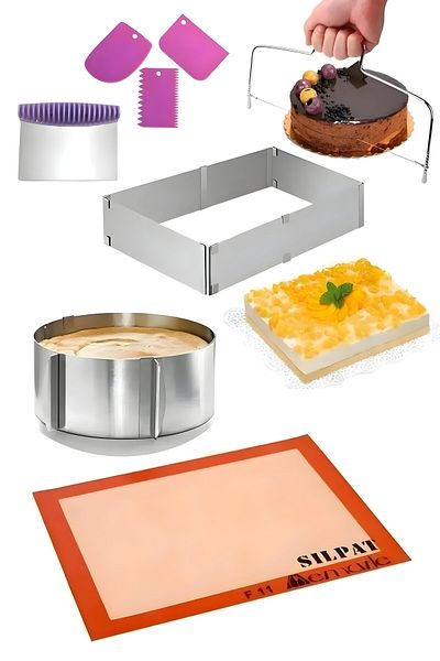 Selenica Set of 8 Adjustable Square Round Cake Mold, Pastry Wire, Dough Cutter, Baking Mat
