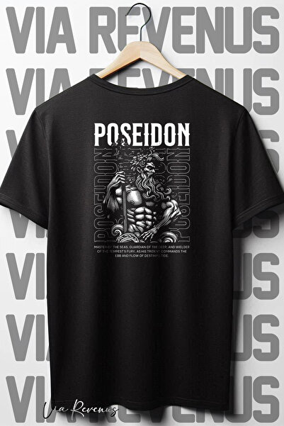 Vordevia Tricou negru supradimensionat cu model Poseidon - decolteu