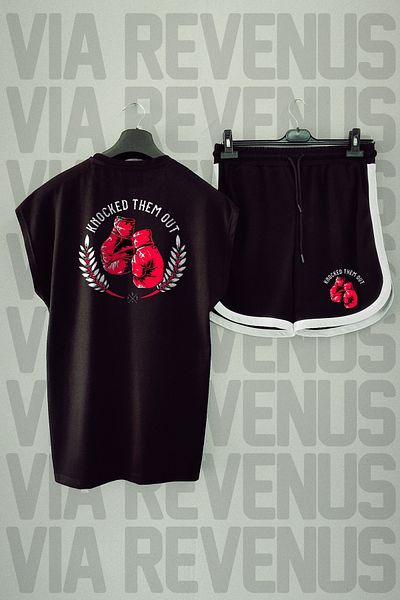 Vordevia Black Oversize Sports T-shirt and Shorts Set - Back Print, Zero Sleeve, Crew Neck