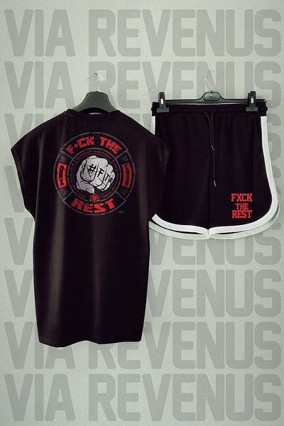 Vordevia Black Oversize Sports T-shirt and Shorts - Crew Neck, Zero Sleeve, Back Printed