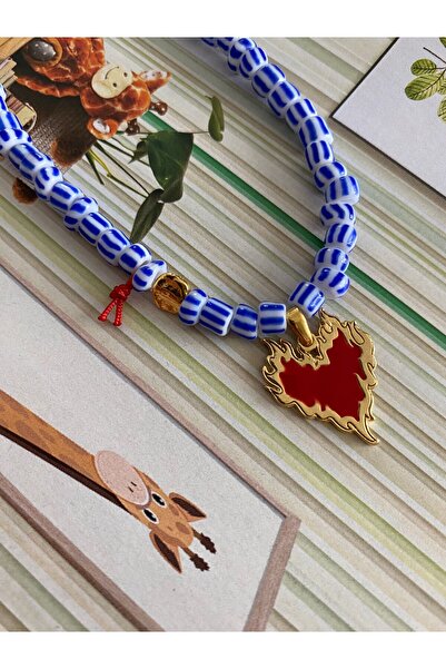 ATELİERGONCA El yapımı mavi cam altın kaplama alevli kalp kolye