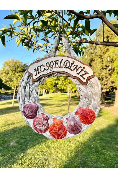 Mirvano Welcome Door Ornament - Wicker and Seashell, Round Door Ornament Decorative Handmade