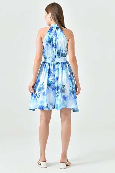 lovebox Baskılı Saten Kumaş Yuvarlak Yaka Kloş Kesim Mavi Saten Abiye Elbise 2438