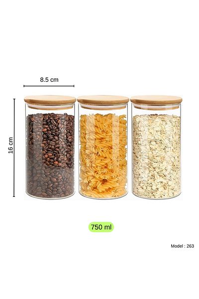 LADYNUR 750ml Bamboo Glass Spice Rack - Vacuum Lid, 3 Pieces / 16cmx8.5cm 750cc