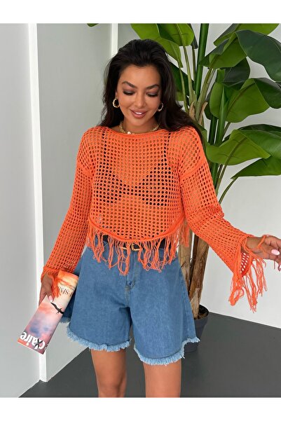 kenza'a Διάτρητη Πλεκτή Μπλούζα - Γυναικεία, Φούντα Λεπτομέρεια