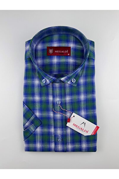 MEGALDİ Erkek Klasik Kesim Keten Yeşil Kareli Kısa Kollu Gömlek