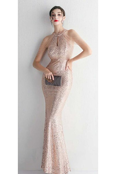 hilaltrendd Halter yaka taş detaylı pullu abiye elbise