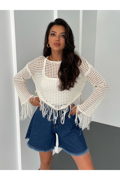 KENZA'A TRİKO Διάτρητη Πλεκτή Μπλούζα - Γυναικεία, Φούντα Λεπτομέρεια